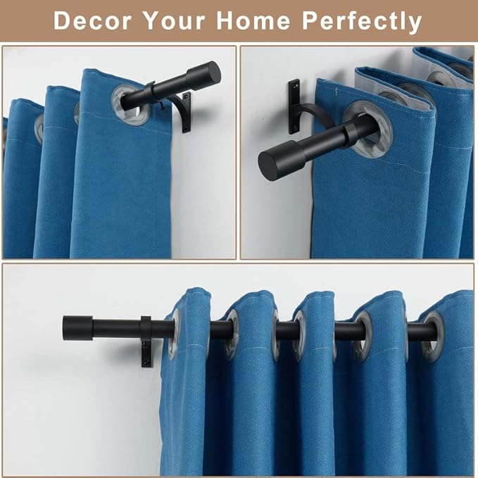 Matte Black Decorative Curtain Rods 28-50" with Cap Finials, Adjustable 1-Inch Window Treatment Rods