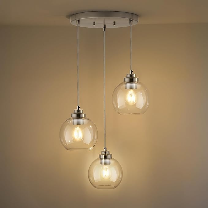 Globe Cluster Pendant Light, 3-Light Hanging Light Fixture with Brushed Nickel Finish, Clear Glass Kitchen Island Lighting for Dining Room Living Room Laundry Entrance Foyer, ZCPL101BN-3C
