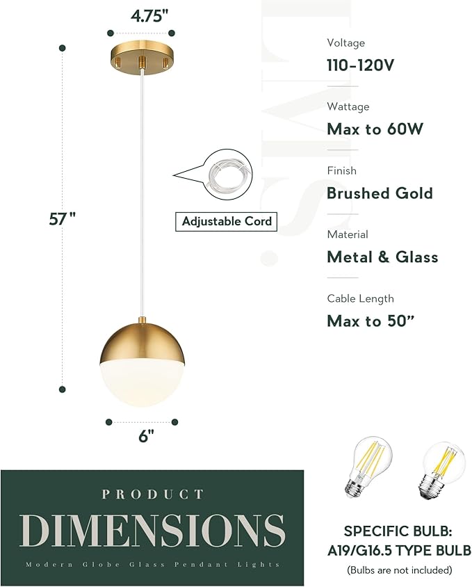 LMS 6-inch Brushed Gold Pendant Light Fixtures, Mid Century Pendant Light Fixtures with White Globe Glass, Adjustable Hanging Cord Ceiling Light Fixtures for Dining Room Bathroom, LMS-186BGS