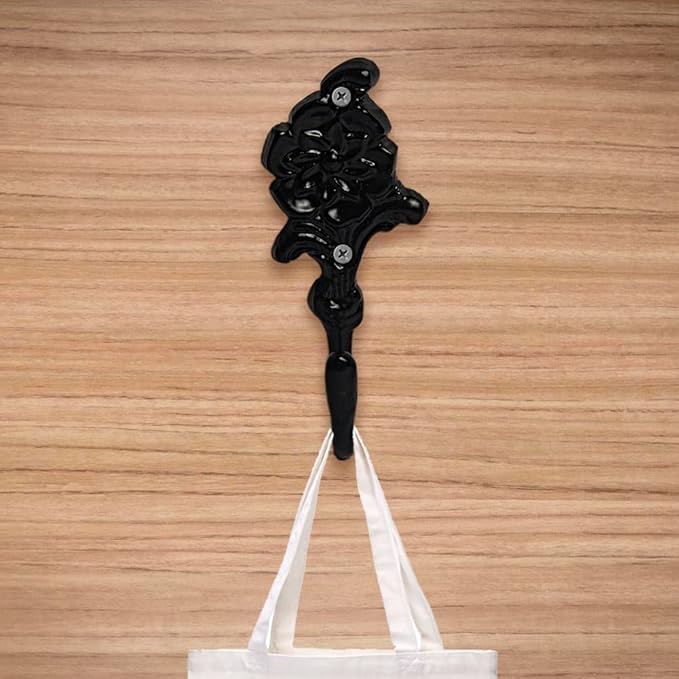 Multipurpose Hooks, Used to Hang Clothes, Bags, Coats, Curtain Hold Backs, Keys, Colour - Matt Black, Material - Brass, Flower Design, Screws and Wallplugs Included, Pack of 10 Pieces
