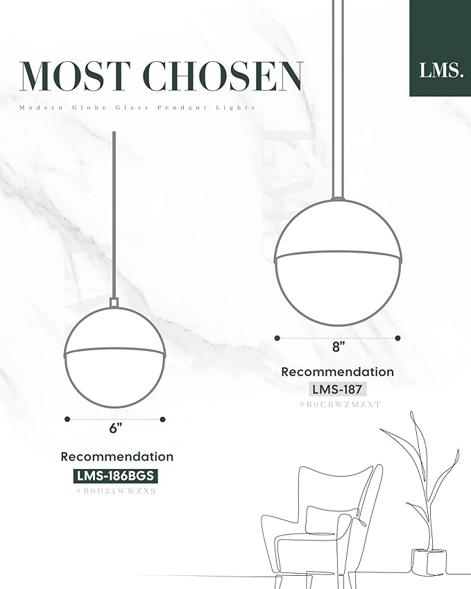 LMS 6-inch Brushed Gold Pendant Light Fixtures, Mid Century Pendant Light Fixtures with White Globe Glass, Adjustable Hanging Cord Ceiling Light Fixtures for Dining Room Bathroom, LMS-186BGS