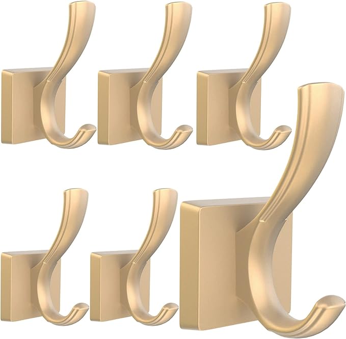 Gold Hooks for Wall Double Hooks, Heavy Duty Thick Bathroom Coat Hooks for Hanging Key Robe Hat Backpack, Wall Mount Hat Hooks Bath Towel Hooks(6 Pack, Gold)