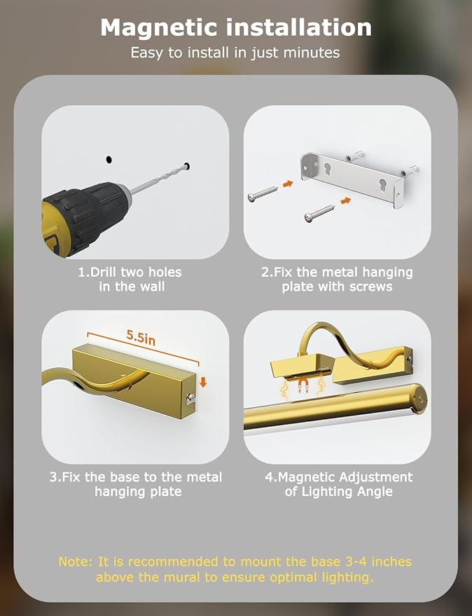 Picture Light Battery Operated, 13in Wireless Art Light for Paintings, Dimmable 5000mAh Recharging Battery Picture Light with Remote Control for Wall, Gallery Dartboard Art Bedroom (Gold-2Pack)