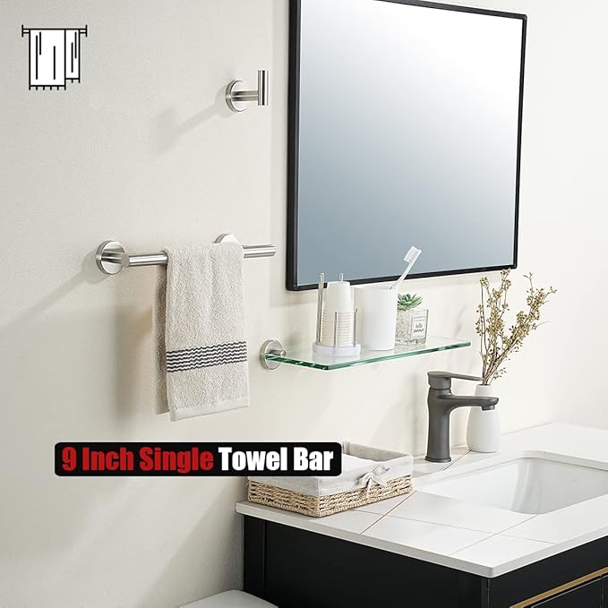 JQK Hand Towel Bar, 12 Inch 304 Stainless Steel Thicken 0.8mm Towel Rack, Bathroom Towel Holder Brushed Finished Wall Mount, Useable Length 9 Inch TB110L9-BN