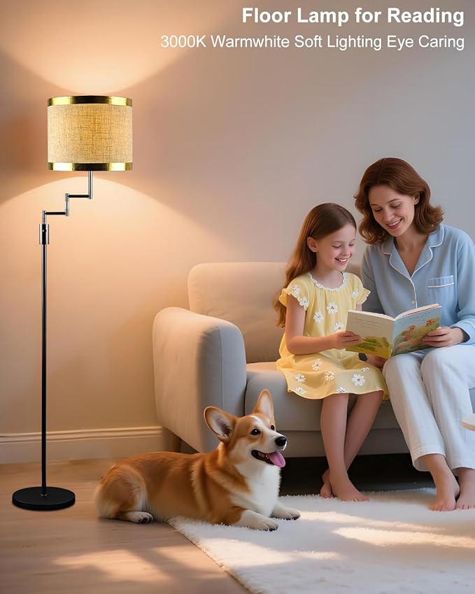 Lightdot 70IN Black Floor Lamp Dimmable Linen Shade LED Floor Lamps with 3000K for Wedding/Party,350 Degree Swing Arms, Modern Tall Lamp for for Reading, Sewing, and Craft (Bulbs Included)