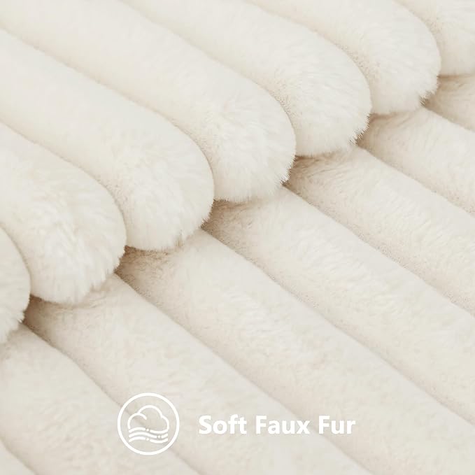 decorUhome Faux Fur Christmas Throw Pillow Covers 18x18 Set of 2, Decorative Soft Plush Striped Neutral Couch Euro Pillow Covers with Velvet Back for Sofa, Bed, Living Room Home Decor, Cream White