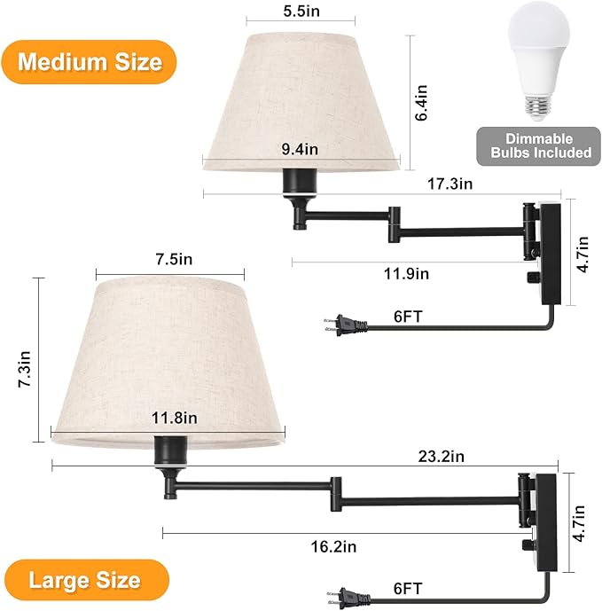 TRLIFE Wall Sconce Plug in, Remote Control Dimming 10-100% and Adjustable Color Temperature 2700K-6500K Swing Arm Wall Lights with Plug in Cord, 11.8" Large Beige Fabric Shade(2 Pack, 2 Bulbs)