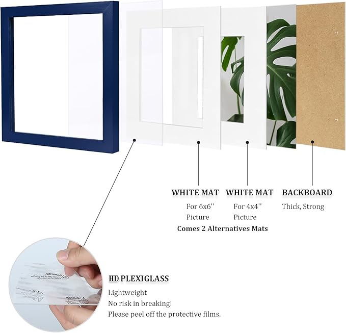 Egofine 8x8 Picture Frame 4PCS, Made of Solid Wood Covered by Plexiglass Display 4x4/6x6 with Mat or 8x8 without Mat, for Table Top Display and Wall Mounting Photo Frame, Navy Blue