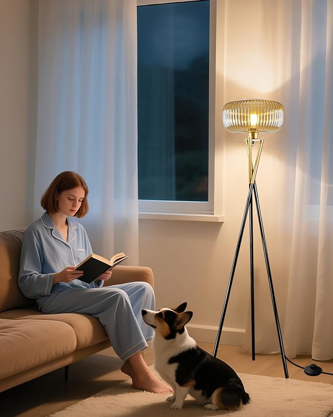 Lightdot Glass Tripod Floor Lamp for Living Room, Modern Gold&Black Standing Lamp with Ribbed Champagne Glass Lampshade, Arc Tall Lamp for Bedroom Office Reading Room, (LED Bulb Included)