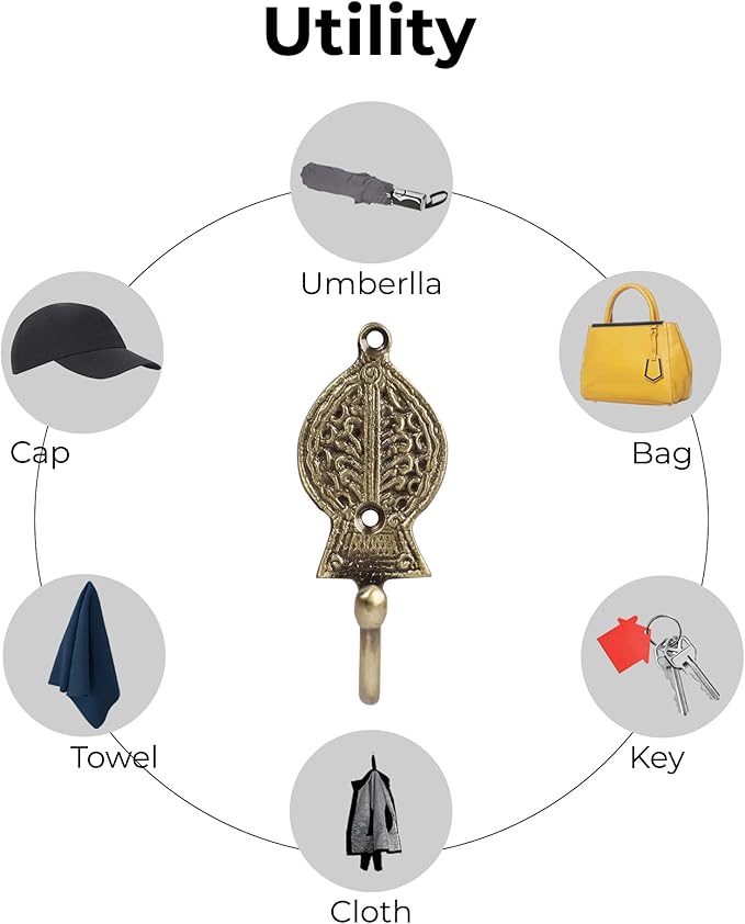 Multipurpose Hooks, Used to Hang Clothes, Bags, Coats, Curtain Hold Backs, Keys, Colour - Antique Gold, Material - Brass, Retro Design, Screws and Wallplugs Included, Pack of 10 Pieces