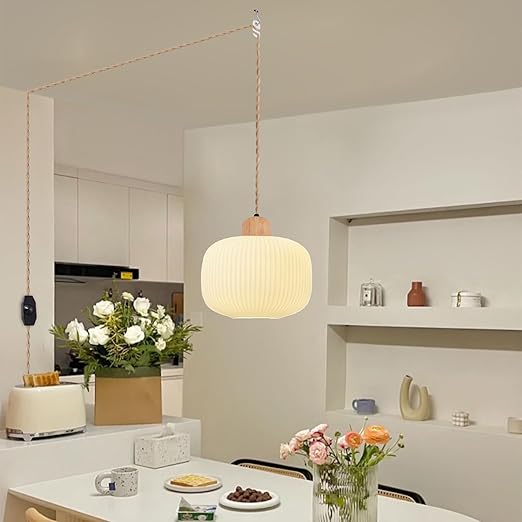 Arturesthome 16.4FT- Wood Pendant Light Cord Kit with Dimmable Switch,Vintage Industrial Hanging Plug in Lamp Cord with Twisted Nylon Rope Socket E26 E27 for Farmhouse Lamp Cable Retro DIY