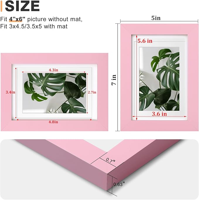 Egofine 4x6 Picture Frames with Plexiglass, Display Pictures 3.5x5 with Mat or 4x6 Without Mat Set of 4 for Tabletop and Wall Mounting, Pink