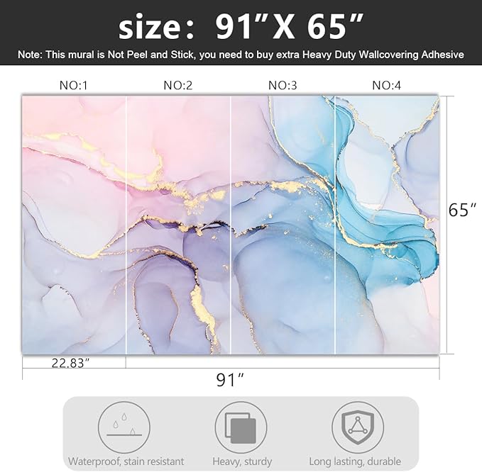 -Coloured Marbled Fabric Wallpaper Abstraction Golden Art Living Room Bedroom Bathroom Wall Mural- 91"x65"（ not Peel and Stick）