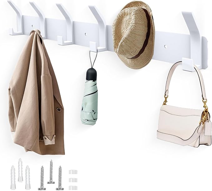 1 Pack Coat Rack Wall Mount,17.3 in Wall Hooks for Hanging, Coat Hanger Wall Mount Towel Rack Hat Rack for Wall with 6 Hooks for Entryway, Bedroom, Bathroom (White, 6 Hooks-1Pack)