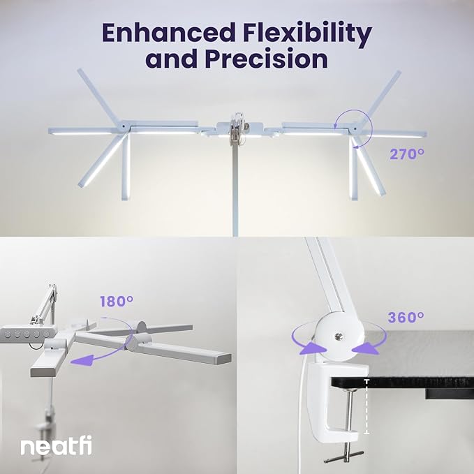 (New Model) Neatfi 3,000 Lumens LED Desk Lamp, Dimmable Light with 360 SMD LEDs, 30W, CRI 95, Adjustable Color Temperature, Task Lamp for Home, Office, and Workbench (CCT with Clamp, White, 44 Inches)