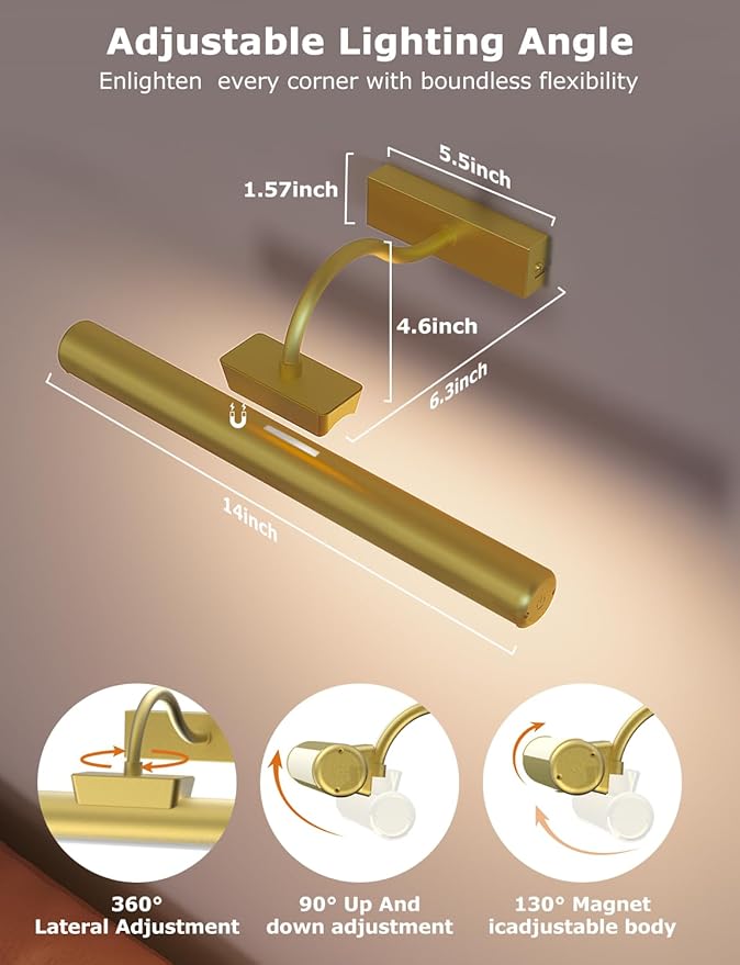 Picture Light Battery Operated, 13in Wireless Art Light for Paintings, Dimmable 5000mAh Recharging Battery Picture Light with Remote Control for Wall, Gallery Dartboard Art Bedroom (Gold-2Pack)