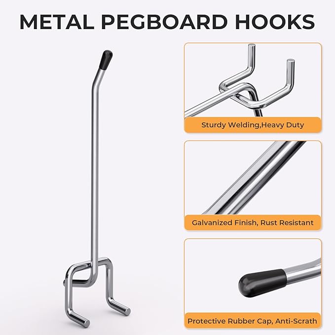 INCLY 50 Pack Pegboard Hooks, 4 Inch Metal Peg Board Hooks Accessories, Peg Board Tool Hangers Fit for 1/8“ and 1/4" Pegboard Hanging Tools for Garage, Craft Room, Kitchen, Store