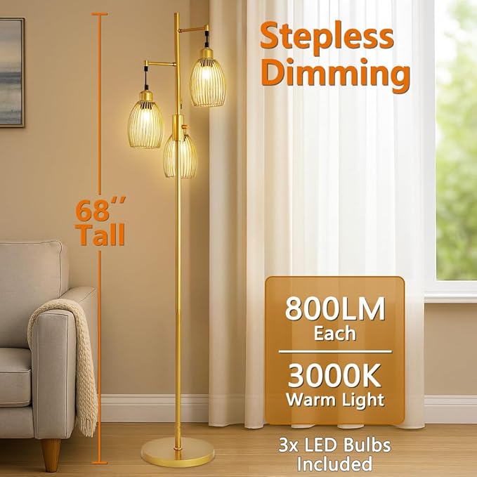Industrial Floor Lamp 68'' - 3-Light Gold Dimmable Rustic Floor Lamp with Sturdy Pole & Heavy Base, 800 Lumens LED Bulbs Lamp for Living Room, Bedroom, Office Decor