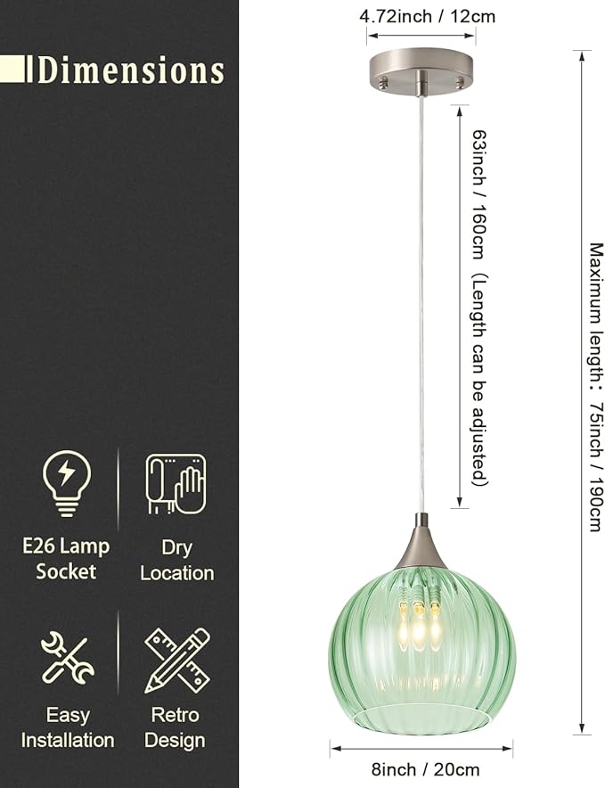 Brushed Nickel Pendant Lights Kitchen Island, Globe Pendant Light Fixtures with 8 Inch Clear Glass Shade, Modern Hanging Light Fixtures for Kitchen, Bedroom (2 Pack - Green Glass Pendant Light)