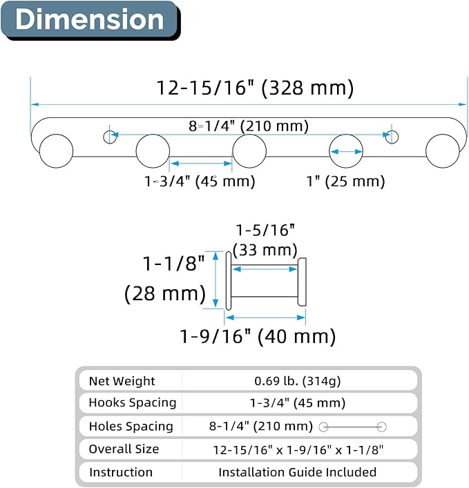 Angle Simple Towel Hook Rack Matte Black, SUS304 Stainless Steel Bathroom Hook Rail 5 Hooks, Utility Kitchen Towel Holder, Wall Mount