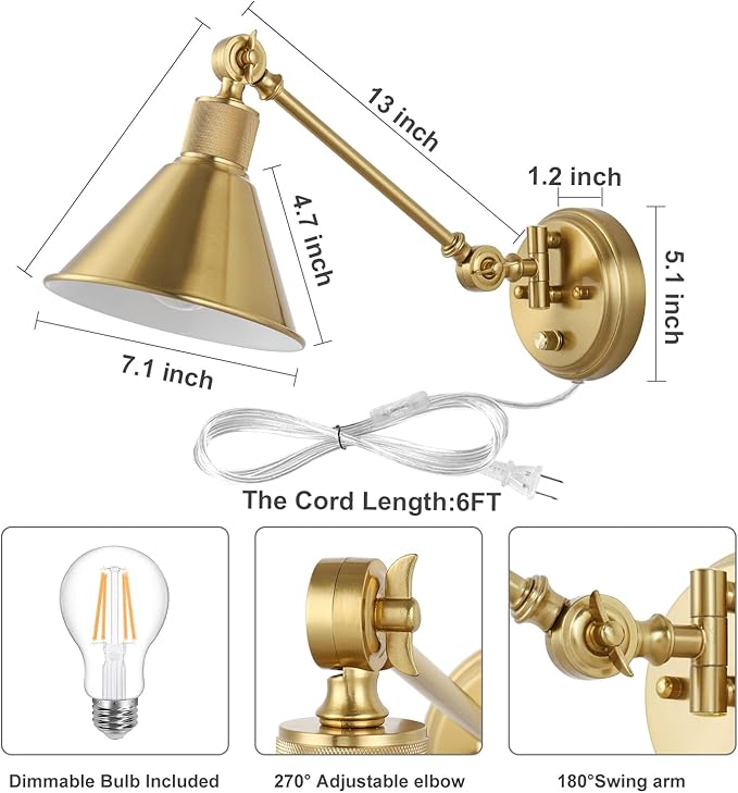 TRLIFE Wall Sconce Plug in, Dimmable Wall Sconces Set of 2 Wall Lights with Plug in Cord and Dimmer On/Off Knob Switch, Brushed Brass Swing Arm Wall Light, UL Listed(2 Pack, 2 Bulbs)