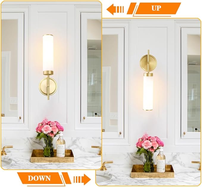 Gold Wall Sconces Set of 2, Modern Bathroom Sconces Wall Lighting with Opal White Glass, Vanity Light Fixtures for Bathroom, Brushed Brass Wall Mount Lights for Living Room Bedroom Hallway, Hardwired