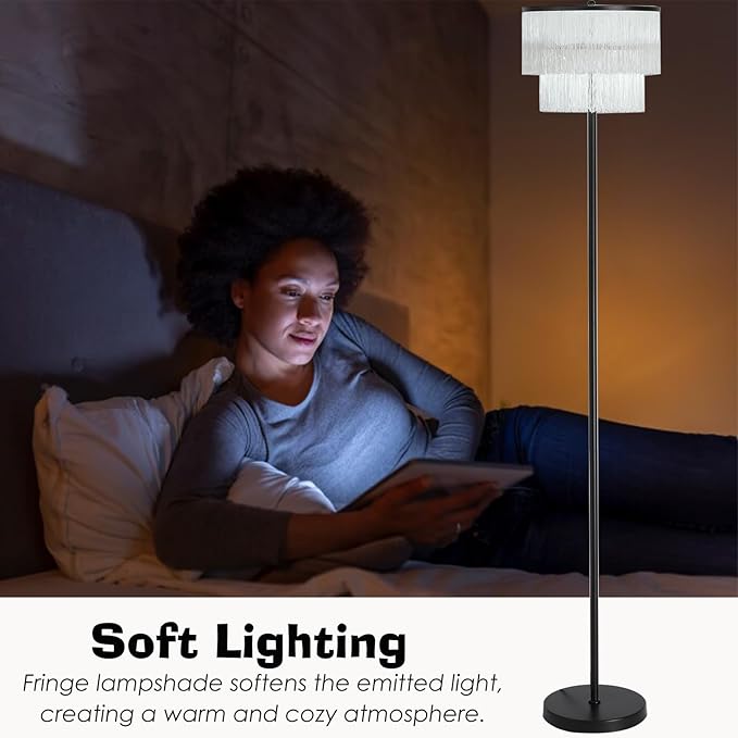 2 Light Black Boho Floor Lamp with 2-Tier Tassels/Fringe Lampshade,66" Tall Mid Century Standing Bedroom Lamp,Soft Lighting Nursery Floor Lamp for Bedroom Livingroom