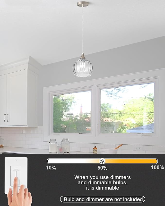 Brushed Nickel Pendant Lights Kitchen Island, Globe Pendant Light Fixtures with 8 Inch Clear Glass Shade, Modern Hanging Light Fixtures for Kitchen, Bedroom (2 Pack - Clear Glass Pendant Light)