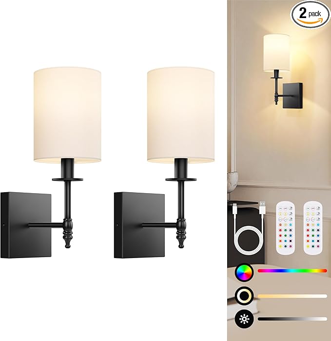 14.5 Inch Black Battery Operated Wall Sconces Set of 2, Rechargeable Wireless Wall Lights with Remote & White Fabric Shade, Indoor Not Hardwired Dimmable Wall Lamps for Bedroom, 2 Bulbs Included