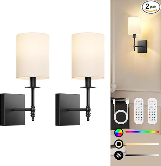 14.5 Inch Black Battery Operated Wall Sconces Set of 2, Rechargeable Wireless Wall Lights with Remote & White Fabric Shade, Indoor Not Hardwired Dimmable Wall Lamps for Bedroom, 2 Bulbs Included