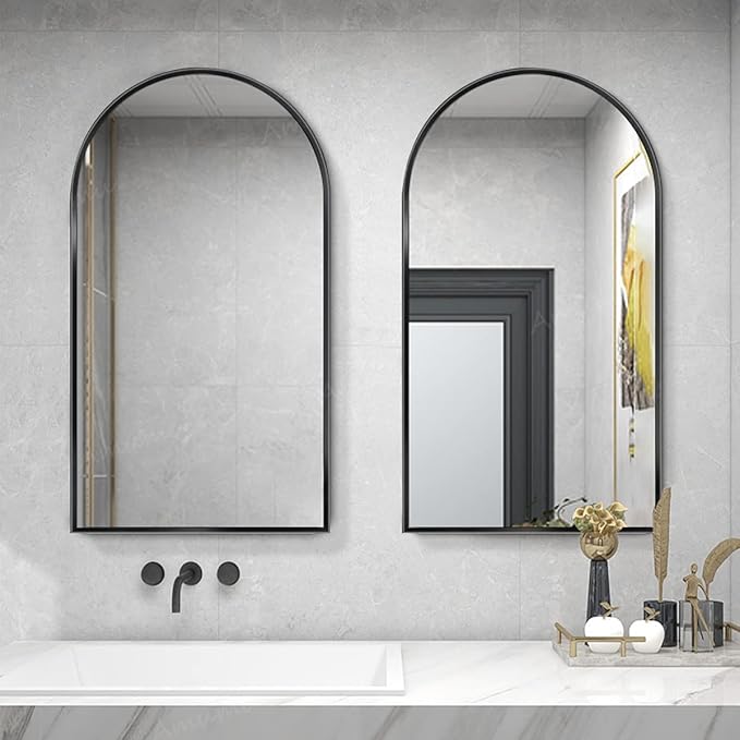 TinyTimes 24"x36" Arched Wall Mirror, Vanity Mirror, with Metal Frame, for Bathroom, Bedroom, Entryway, Modern & Contemporary Wall Mirror - Black