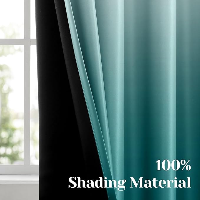 HOMEIDEAS Teal 100% Ombre Blackout Curtains for Bedroom, 52 X 84 Inches Long Room Darkening Gradient Light Blocking Thermal Insulated Grommet Drapes for Living Room, 2 Panels