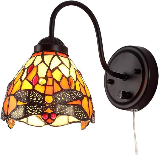 Tiffany Bedside Wall Mount Lamp with Dimmable Switch, Industrial Vintage Gooseneck Wall Sconce with Plug in Cord, Dragonfly Stained Glass Shade Wall Light Perfect for Bedroom, Living Room