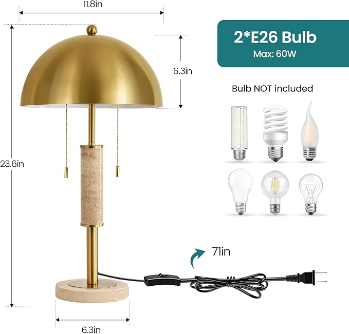 24" Modern Table Lamp for Living Room Gold Metal Nightstand Lamp with High-Grade Decorative Travertine Mid Century Table Lamp for Bedroom Side Table Bedside End Table