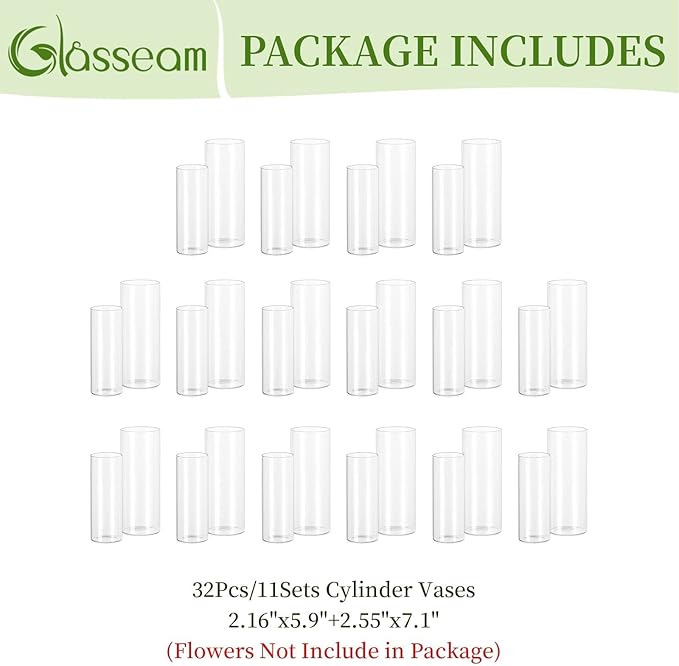 Glasseam Glass Cylinder Vase in Bulk: 32pcs Clear Small Bud Flower Vases for Centerpieces - Modern Hurricane Pillar or Floating Candle Holder for Wedding Party Table Living Room Home Decor, Tall 6"+7"