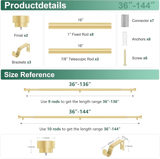 HEI! DEAR Gold Curtain Rods 72 to 144 Inch(6-12FT),1 Inch Long Curtain Rod,Adjustable Heavy Duty Curtain Rods,Modern Decorative Drapery Rods,Telescoping Window Single Curtains Rods 36-150",Brass Gold