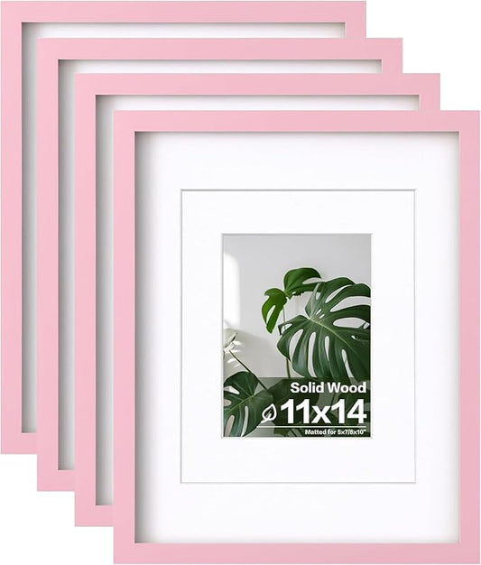 Egofine 11x14 Picture Frames with Plexiglass, Display Pictures 5x7/8x10 with Mat or 11x14 Without Mat Set of 4 for Tabletop and Wall Mounting, Pink