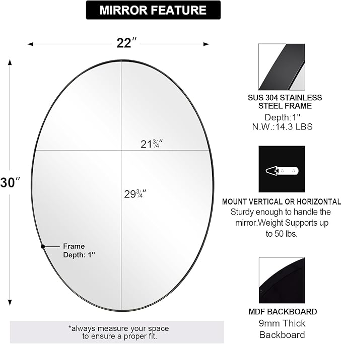 ANDY STAR Black Oval Mirrors for Bathroom, 22x30 Inch Matte Black Stainless Steel Metal Framed Oval Wall Mirror, Modern Vanity Mirror Wall Mount Horizontal or Vertical
