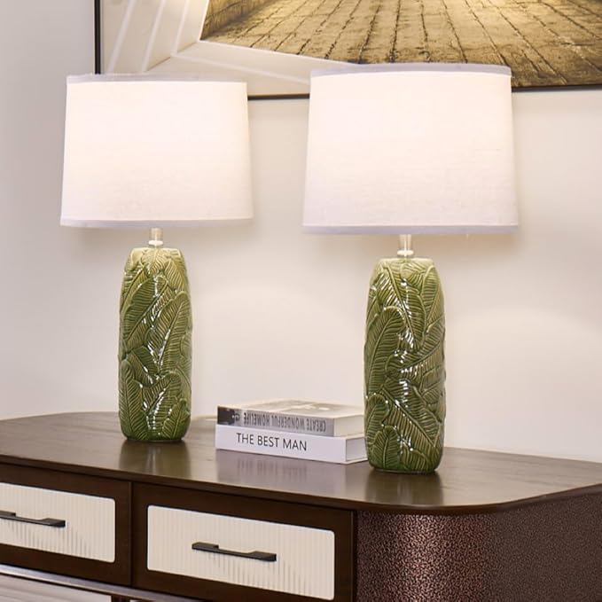 25" Modern Green Ceramic Table Lamp with White Linen Shade – Leaf Embossed Base, Soft Glow Bedside Lamp for Bedroom, Living Room, Office Decor