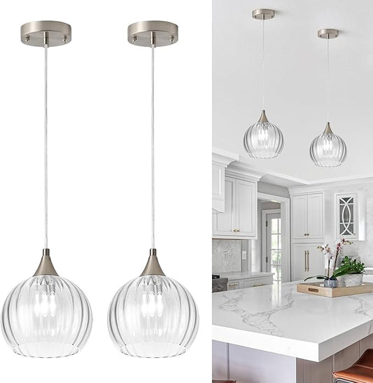 Brushed Nickel Pendant Lights Kitchen Island, Globe Pendant Light Fixtures with 8 Inch Clear Glass Shade, Modern Hanging Light Fixtures for Kitchen, Bedroom (2 Pack - Clear Glass Pendant Light)