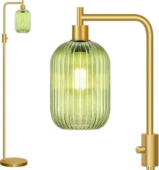 【Upgraded】 Dimmable Glass Floor Lamp for Living Room, Modern Gold Standing Lamp with Green Ribbed Glass Lampshade & Knob Dimmer, Arc Tall Lamp for Bedroom Office Reading Room, 2700K Led Bulb Included