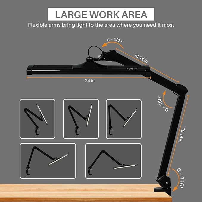 LED Architect Desk Lamp with Clamp, Metal Swing Arm 2300 Lumens Dimming Office Table Lamp for Task Work Drafting Reading Desktop, 180PCS Bright LEDs, 30W Workbench Lamp(Black)