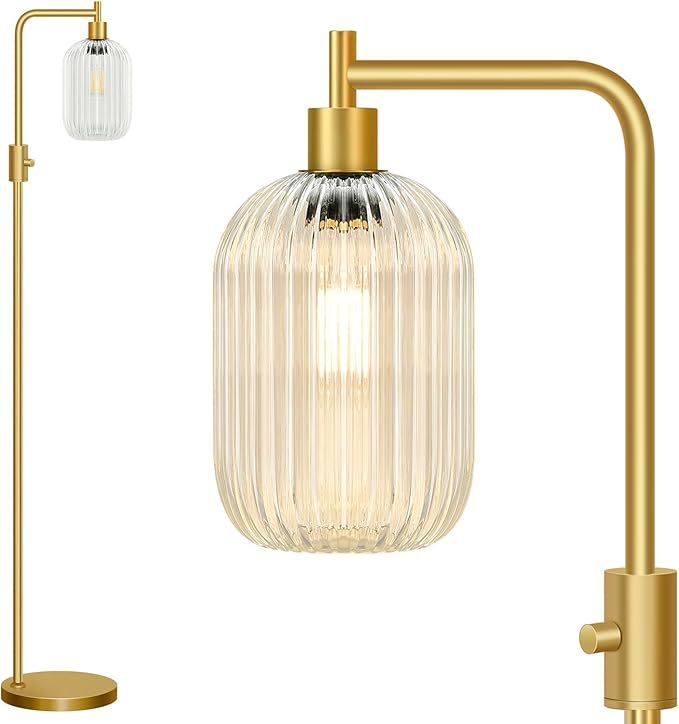 【Upgraded】 Dimmable Glass Floor Lamp for Living Room, Modern Gold Standing Lamp with Clear Ribbed Glass Lampshade & Knob Dimmer, Arc Tall Lamp for Bedroom Office Reading Room, 2700K Led Bulb Included