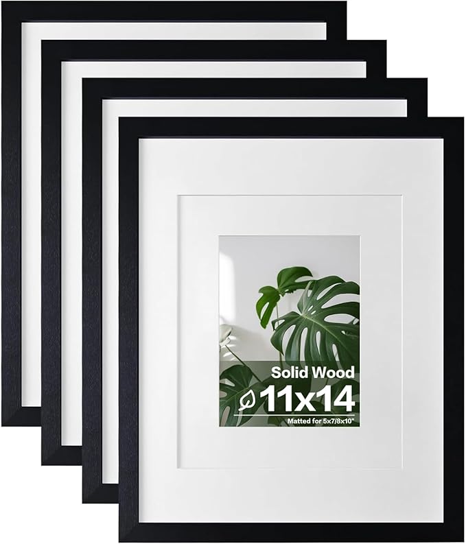 Egofine 11x14 Picture Frames 4PCS Covered by Plexiglass, Made of Solid Wood, Display Pictures 8x10/5x7 with Mat or 11x14 Without Mat for Table Top and Wall Mounting, Black with Texture