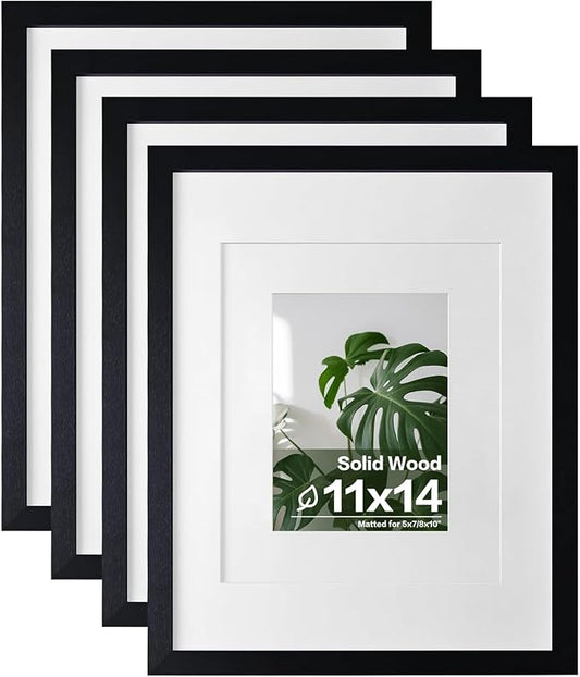 Egofine 11x14 Picture Frames 4PCS Covered by Plexiglass, Made of Solid Wood, Display Pictures 8x10/5x7 with Mat or 11x14 Without Mat for Table Top and Wall Mounting, Black with Texture