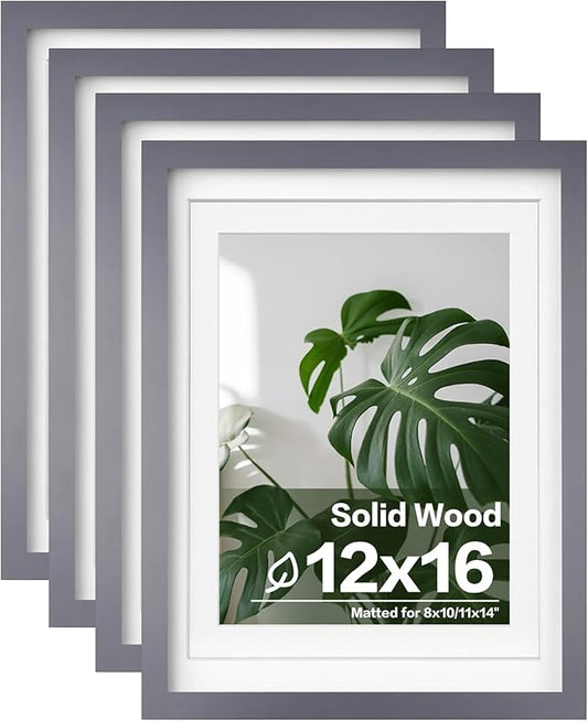 Egofine 12x16 Picture Frames with Plexiglass, Display Pictures 9x12/11x14 with Mat or 12x16 Without Mat Set of 4 for Wall Mounting,Dark Grey