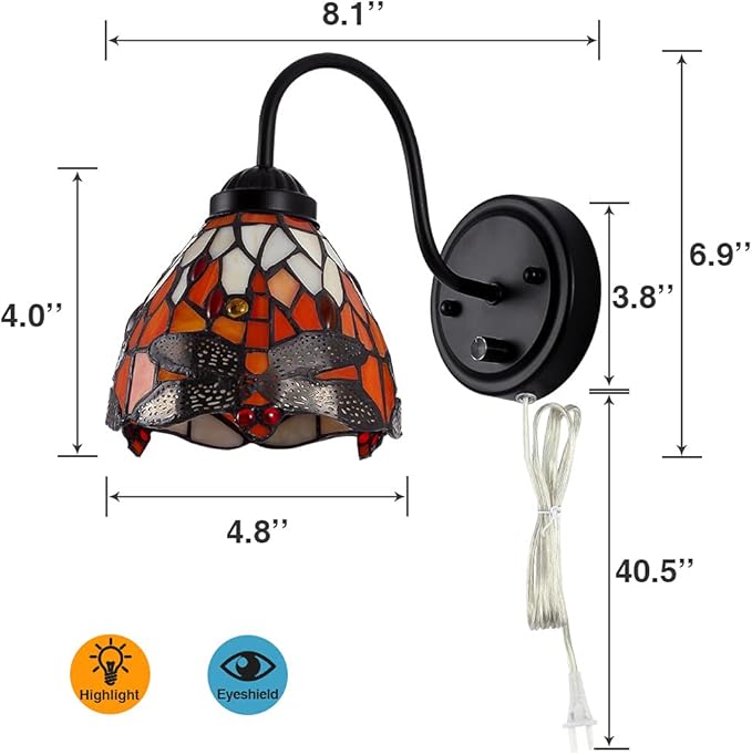 Tiffany Bedside Wall Mount Lamp with Dimmable Switch, Industrial Vintage Gooseneck Wall Sconce with Plug in Cord, Dragonfly Stained Glass Shade Wall Light Perfect for Bedroom, Living Room