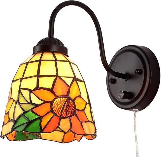 Tiffany Bedside Wall Mount Lamp with Dimmable Switch, Industrial Vintage Gooseneck Wall Sconce with Plug in Cord, Flowers Stained Glass Shade Wall Light Perfect for Bedroom, Living Room and Hotel