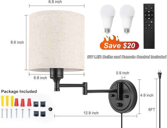 Plug in Wall Sconces with Remote Control, Dimming 10%-100% & Adjustable Colors 2700K-6500K, Hardwire or Plug-in, Swing Arm Wall Lamp with Linen Fabric Shade, Wall Sconces Set of Two, Black Finish