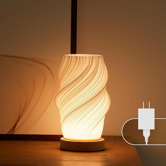 Bedside Lamp with Woodbase - Button Control Table Lamp for Bedroom 12 Way Dimmable Nightstand Lamp with PLA Lampshade for Living Room, Kids Room, College Dorm, Office (White-E, Medium)